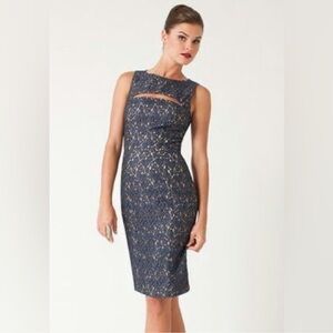 Black Halo Women's Addison Navy Blue Cream and Black Lace Midi Pencil Dress Sz 4